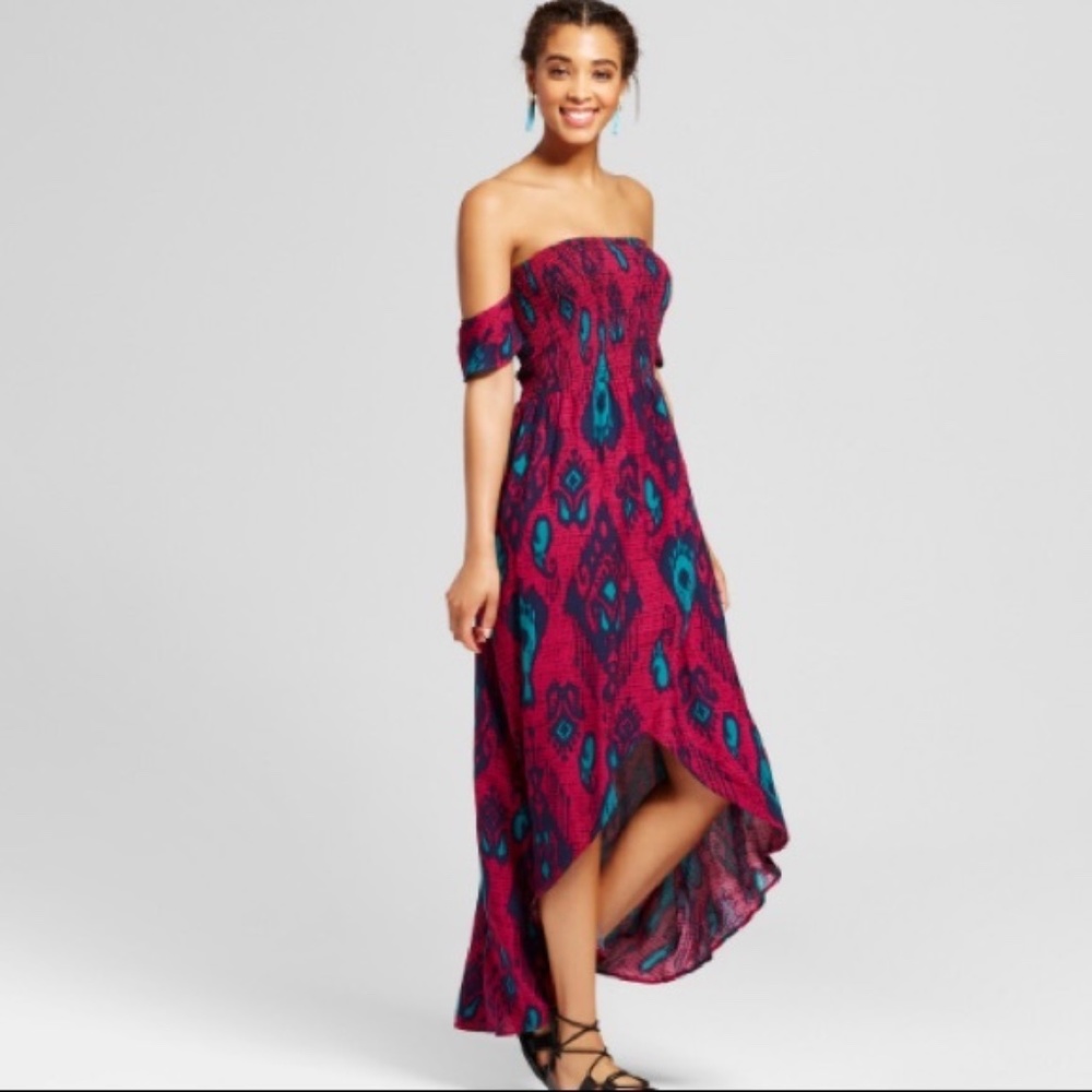 Xhilaration magenta ikat pattern off the shoulder maxi dress size medium